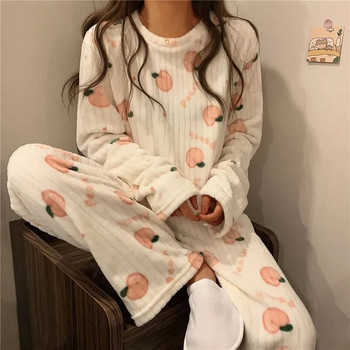 Дамски зимен фланелен пижамен комплект Поларени пижами Спално облекло Домашно облекло Каваи Топъл кадифен женски костюм Дамски пижамен комплект