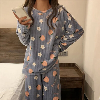 Γυναικείο σετ πιτζάμες χειμωνιάτικη φανέλα Πυτζάμες Fleece Sleepwear Homewear Strip Kawaii Print Ζεστό βελούδινο γυναικείο κοστούμι γυναικείο σετ πιτζάμα