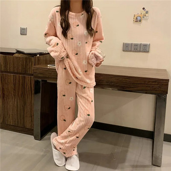Γυναικείο σετ πιτζάμες χειμωνιάτικη φανέλα Πυτζάμες Fleece Sleepwear Homewear Strip Kawaii Print Ζεστό βελούδινο γυναικείο κοστούμι γυναικείο σετ πιτζάμα