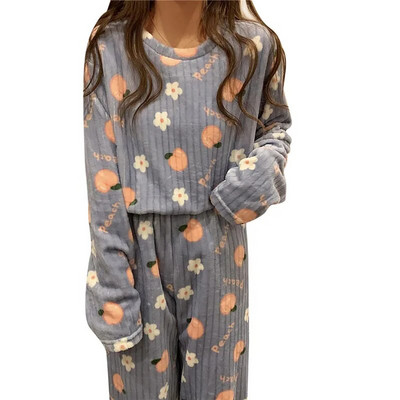 Γυναικείο σετ πιτζάμες χειμωνιάτικη φανέλα Πυτζάμες Fleece Sleepwear Homewear Strip Kawaii Print Ζεστό βελούδινο γυναικείο κοστούμι γυναικείο σετ πιτζάμα