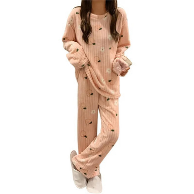 Γυναικείο σετ πιτζάμες χειμωνιάτικη φανέλα Πυτζάμες Fleece Sleepwear Homewear Strip Kawaii Print Ζεστό βελούδινο γυναικείο κοστούμι γυναικείο σετ πιτζάμα