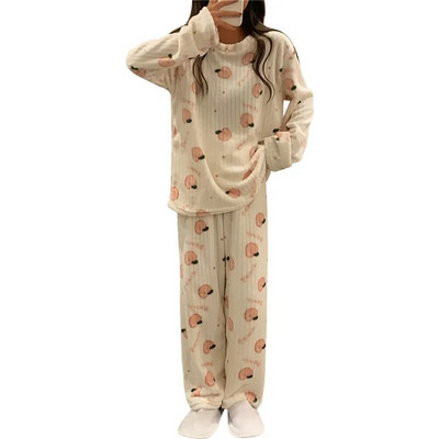 Γυναικείο σετ πιτζάμες χειμωνιάτικη φανέλα Πυτζάμες Fleece Sleepwear Homewear Strip Kawaii Print Ζεστό βελούδινο γυναικείο κοστούμι γυναικείο σετ πιτζάμα