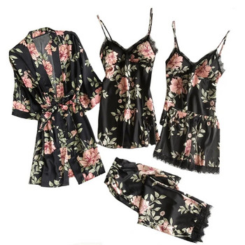 Σέξι δαντέλα νυχτικά πιτζάμες κοστούμι οικεία εσώρουχα Γυναικεία σατέν ρόμπα ύπνου 5 τμχ Κιμονό ρόμπα βελούδινα μαλακά ρούχα για το σπίτι