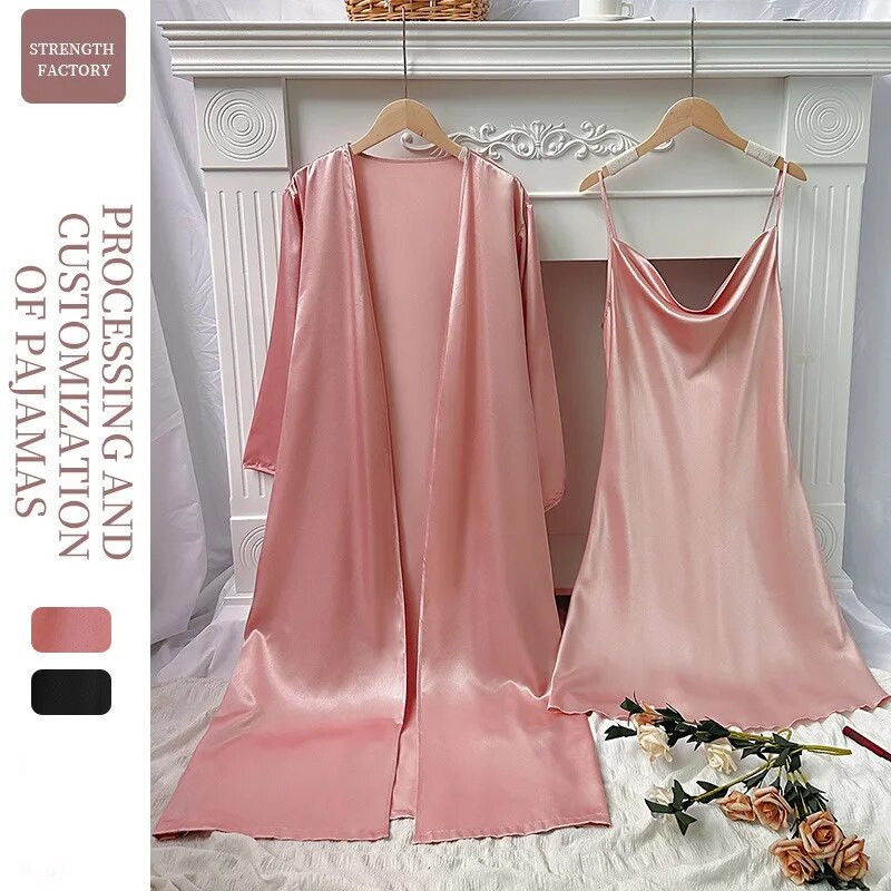 Komplet ženskih spavaćica od svilenog satena, jednobojna sling haljina i ogrtač dugih rukava, 2 komada, spavaćica bez rukava, spavaćica s izrezom, kućna odjeća