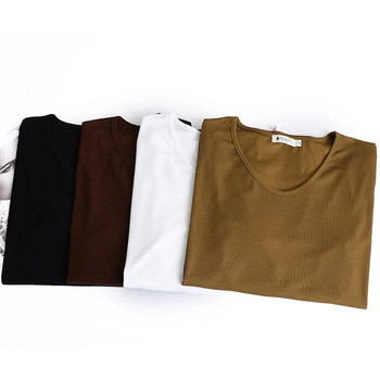 2023 Есенни дрехи Дамска тениска с дълъг ръкав Плюс размер Ежедневни V-образно деколте Основен моден етикет с букви Извита тениска