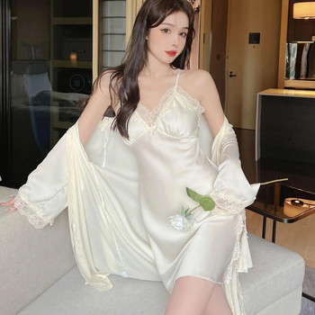 Γυναικείο σετ μπουρνούζι φόρεμα υπνοδωματίων Σέξι δαντελένια ρόμπα κιμονό νυχτικό κοστούμι ανοιξιάτικο μεταξένιο σατέν σπίτι φόρεμα σαλονιών