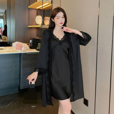 Γυναικείο σετ μπουρνούζι φόρεμα υπνοδωματίων Σέξι δαντελένια ρόμπα κιμονό νυχτικό κοστούμι ανοιξιάτικο μεταξένιο σατέν σπίτι φόρεμα σαλονιών