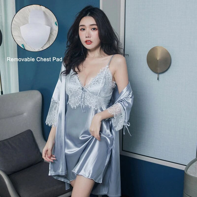 Női hálóing nagy méretű szexi csipke vékony selyem selymes szatén hálóruha selyem köntössel Nagy méretű hálóing alvó nők számára