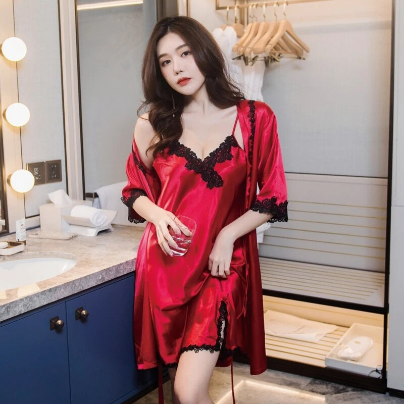 Női hálóing nagy méretű szexi csipke vékony selyem selymes szatén hálóruha selyem köntössel Nagy méretű hálóing alvó nők számára