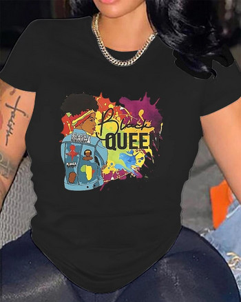 Μπλουζάκι με λαιμόκοψη Queen Graphic Print 2024, Μπλουζάκια με μονόχρωμο κοντό μανίκι, καλοκαιρινά μπλουζάκια, γυναικεία ρούχα, σε μέγεθος