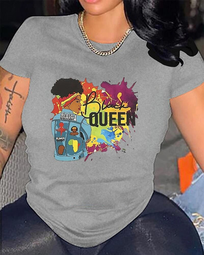 2024 m. „Queen Graphic Print Crew Neck“ marškinėliai, laisvalaikio laisvi trumpomis rankovėmis madingi vasariniai marškinėliai, moteriški drabužiai, didelio dydžio