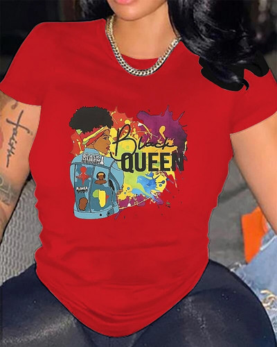 2024 m. „Queen Graphic Print Crew Neck“ marškinėliai, laisvalaikio laisvi trumpomis rankovėmis madingi vasariniai marškinėliai, moteriški drabužiai, didelio dydžio