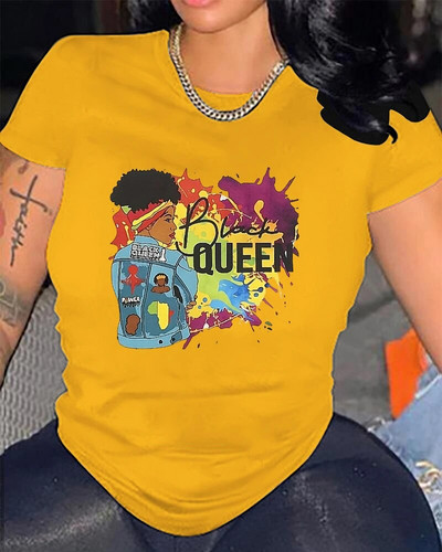 2024 m. „Queen Graphic Print Crew Neck“ marškinėliai, laisvalaikio laisvi trumpomis rankovėmis madingi vasariniai marškinėliai, moteriški drabužiai, didelio dydžio