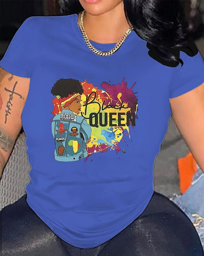2024 m. „Queen Graphic Print Crew Neck“ marškinėliai, laisvalaikio laisvi trumpomis rankovėmis madingi vasariniai marškinėliai, moteriški drabužiai, didelio dydžio
