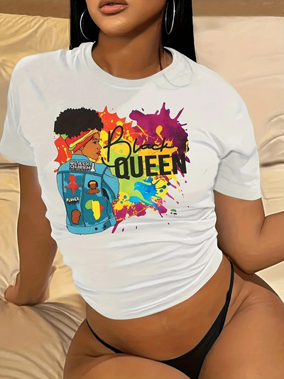 2024 m. „Queen Graphic Print Crew Neck“ marškinėliai, laisvalaikio laisvi trumpomis rankovėmis madingi vasariniai marškinėliai, moteriški drabužiai, didelio dydžio