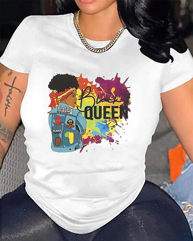 2024 m. „Queen Graphic Print Crew Neck“ marškinėliai, laisvalaikio laisvi trumpomis rankovėmis madingi vasariniai marškinėliai, moteriški drabužiai, didelio dydžio