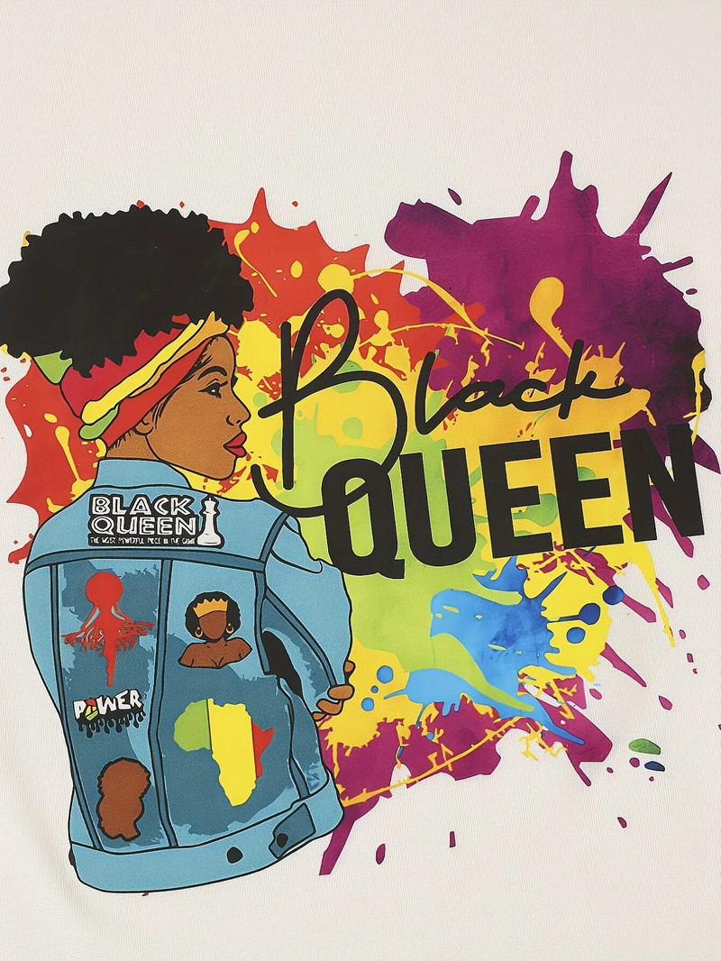 2024 m. „Queen Graphic Print Crew Neck“ marškinėliai, laisvalaikio laisvi trumpomis rankovėmis madingi vasariniai marškinėliai, moteriški drabužiai, didelio dydžio