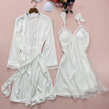 2PCS Nighty&Robe Suit Сатен Дамски комплект халати Кимоно Рокля Ежедневно интимно бельо Домашни дрехи Секси нощница Спално облекло