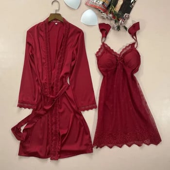2 ΤΕΜ Nighty&Robe κοστούμι σατέν γυναικείο σετ ρόμπων Κιμονό φόρεμα casual intimate εσώρουχα εκτύπωσης για το σπίτι Ρούχα σέξι νυχτικά