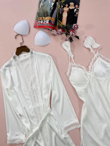 2 ΤΕΜ Nighty&Robe κοστούμι σατέν γυναικείο σετ ρόμπων Κιμονό φόρεμα casual intimate εσώρουχα εκτύπωσης για το σπίτι Ρούχα σέξι νυχτικά