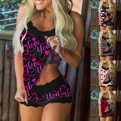 Valentin-napi női pizsama szett Love Heart Print Hálóruha Ujjatlan spagettipántos Hálóruha Szexi Fehérnemű Pijama Para Mujer