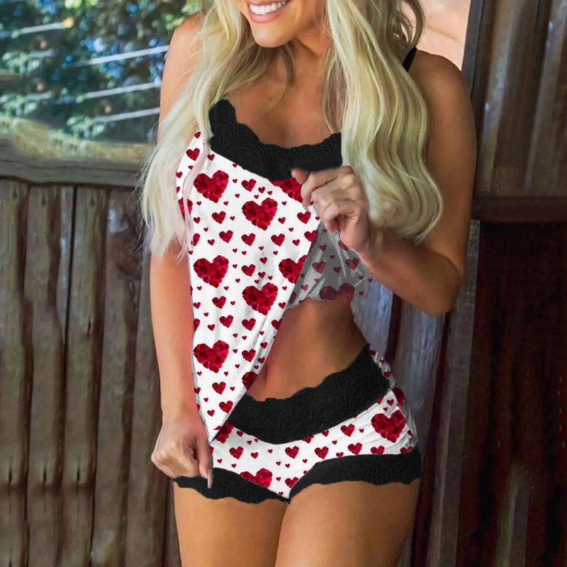 Valentin-napi női pizsama szett Love Heart Print Hálóruha Ujjatlan spagettipántos Hálóruha Szexi Fehérnemű Pijama Para Mujer