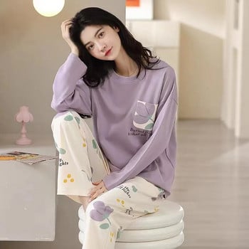 Дамски комплекти пижами Тениска с дълъг ръкав + Панталон 2 бр. Костюми Анимационни спално облекло Пролет Есен Дамски ежедневни домашни дрехи
