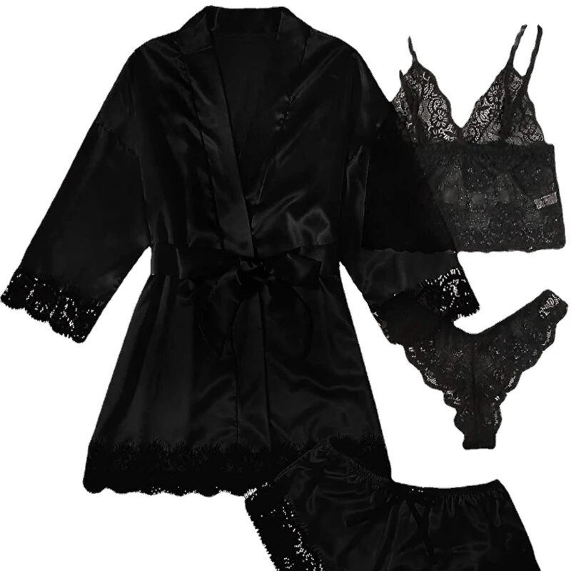 Naujas moteriškas pižamos 4 dalių rinkinys Lei Halter naktiniai moteriški vasaros komplektai su chalatais naktiniai marškiniai Moteriškų drabužių komplektas