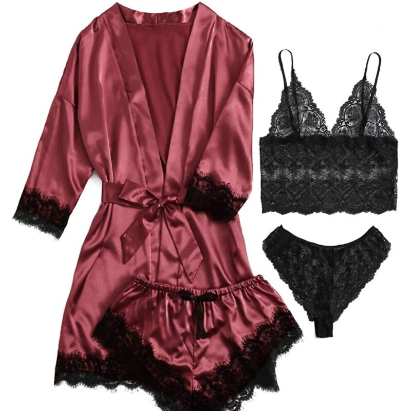 Naujas moteriškas pižamos 4 dalių rinkinys Lei Halter naktiniai moteriški vasaros komplektai su chalatais naktiniai marškiniai Moteriškų drabužių komplektas