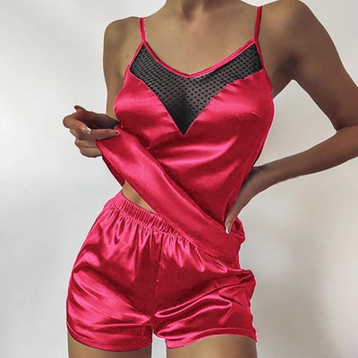 Ženska čipkasta satenska pidžama Seksi pidžama donjeg rublja Seksi duboki V top i komplet kratkih hlačica Ženska svilena udobna pidžama Kućna odjeća