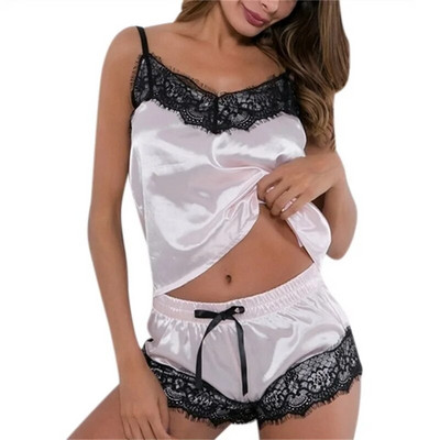 Ženska čipkasta satenska pidžama Seksi pidžama donjeg rublja Seksi duboki V top i komplet kratkih hlačica Ženska svilena udobna pidžama Kućna odjeća