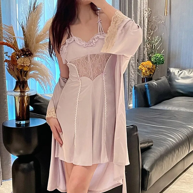 Ljetni ženski set spavaćica i ogrtača od čipke Ženski kućni ogrtač Spavaćica Odijelo Donje rublje Saten Kimono Odjeća za spavanje Kućna haljina Salonske odjeće