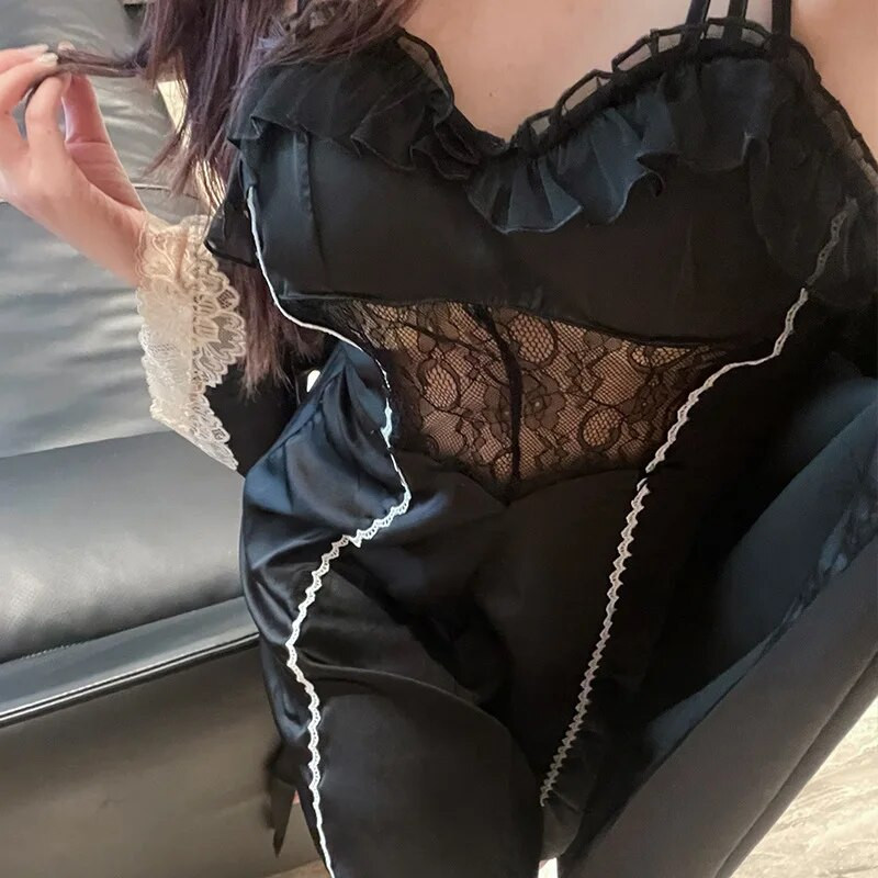 Ljetni ženski set spavaćica i ogrtača od čipke Ženski kućni ogrtač Spavaćica Odijelo Donje rublje Saten Kimono Odjeća za spavanje Kućna haljina Salonske odjeće