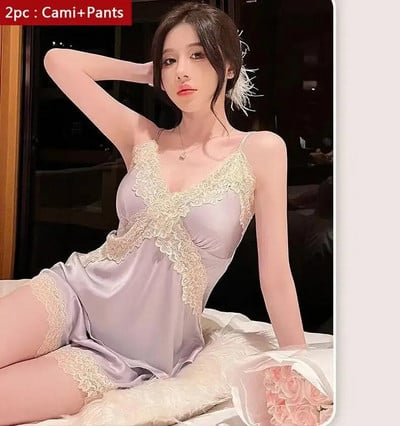 Komplet pidžama od 3 komada Ženska odjeća za spavanje Donje rublje Čipkani kimono Ogrtač za kupanje Proljeće Svilenkasti saten Kućna odjeća Noćna odjeća Pidžame za spavanje
