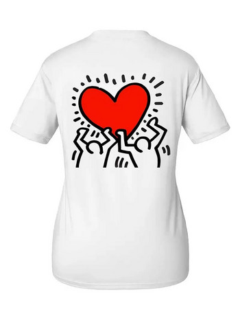 Дамска тениска Големи размери Свободна горна част Сладка щампа във формата на сърце с кръгло деколте и къси ръкави Модна ежедневна долна риза Топ
