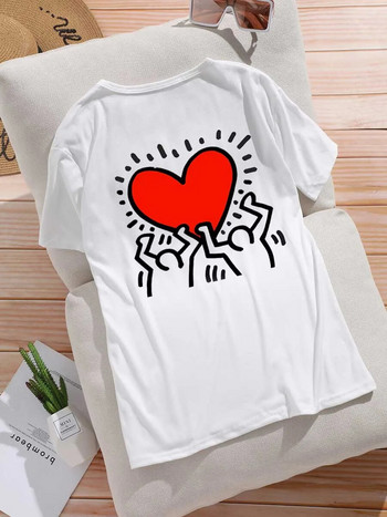 Γυναικείο T-Shirt Plus Size Loose Top Χαριτωμένο εμπριμέ σε σχήμα καρδιάς με στρογγυλή λαιμόκοψη, κοντομάνικο, μοντέρνο casual μπλουζάκι με πάτο