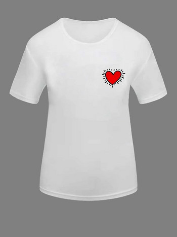 Дамска тениска Големи размери Свободна горна част Сладка щампа във формата на сърце с кръгло деколте и къси ръкави Модна ежедневна долна риза Топ