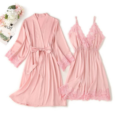 Seturi de pijamale pentru femei Cămașă de noapte sexy cu decolteu în V Robă din satin Îmbrăcăminte acasă Halat de baie + Mini rochie de noapte Costum de pijamă