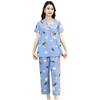 Дамски комплект от памучно кимоно и халат с къс ръкав, дълги панталони, пижами, летни тънки домашни дрехи за възрастна майка от синтетичен памук