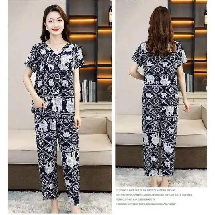 Γυναικείο βαμβακερό σετ κιμονό και ρόμπα κοντομάνικο μακρύ παντελόνι πιτζάμες καλοκαιρινές λεπτές ηλικιωμένες μαμά από συνθετικό βαμβάκι Ρούχα για το σπίτι
