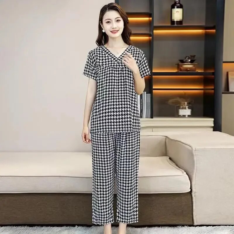 Γυναικείο βαμβακερό σετ κιμονό και ρόμπα κοντομάνικο μακρύ παντελόνι πιτζάμες καλοκαιρινές λεπτές ηλικιωμένες μαμά από συνθετικό βαμβάκι Ρούχα για το σπίτι