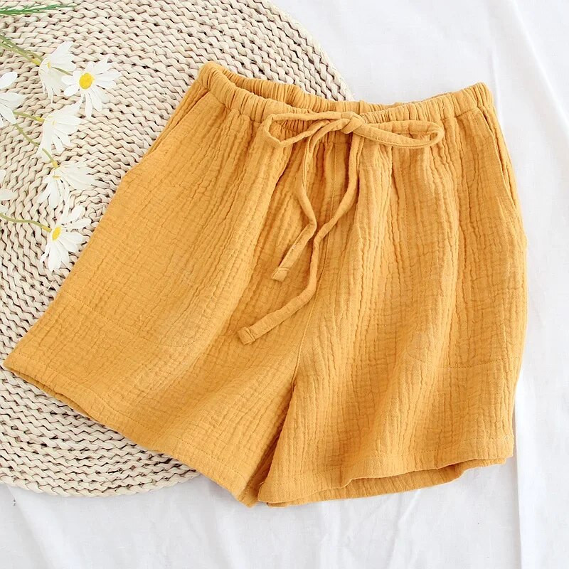 Uued suvised naiste 100% puuvillased krepp ühevärvilised lühikesed püksid mitmevärvilised vabad vabaaja kodupüksid naiste pidžaamapüksid salongipüksid roosad