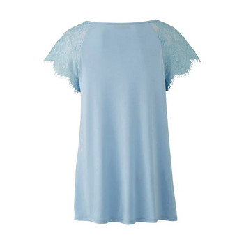 Пролетно лято Дамско облекло с кръгло деколте Едноцветен класически пуловер Топ пачуърк Дантелена тениска с къс ръкав Плюс размер Ежедневна тениска