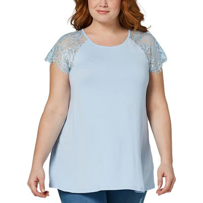 Proljeće ljeto Ženska odjeća s okruglim izrezom Jednobojni klasični pulover Top Patchwork čipka kratkih rukava Ležerna majica velikih veličina