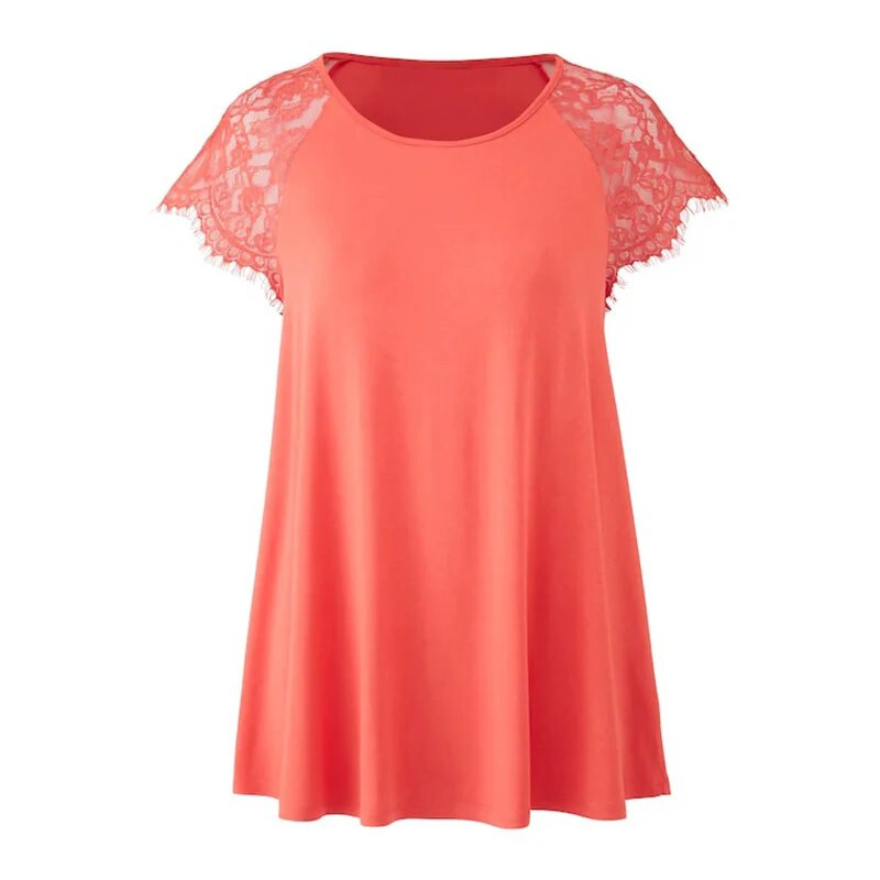 Proljeće ljeto Ženska odjeća s okruglim izrezom Jednobojni klasični pulover Top Patchwork čipka kratkih rukava Ležerna majica velikih veličina