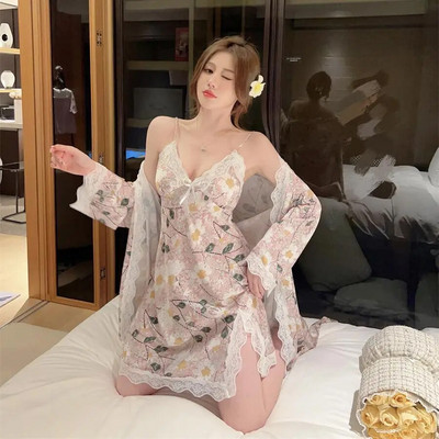Odjeća za spavanje Kućni ogrtač Odijelo Ljetni ženski ogrtač Komplet salonki Seksi čipkana spavaćica Kimono Mladenka Kućna haljina Donje rublje