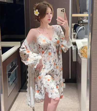 Odjeća za spavanje Kućni ogrtač Odijelo Ljetni ženski ogrtač Komplet salonki Seksi čipkana spavaćica Kimono Mladenka Kućna haljina Donje rublje