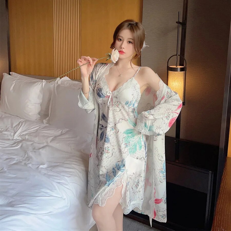 Odjeća za spavanje Kućni ogrtač Odijelo Ljetni ženski ogrtač Komplet salonki Seksi čipkana spavaćica Kimono Mladenka Kućna haljina Donje rublje