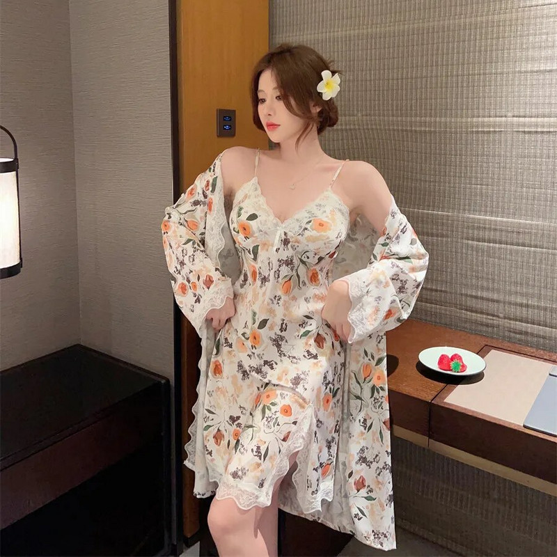Odjeća za spavanje Kućni ogrtač Odijelo Ljetni ženski ogrtač Komplet salonki Seksi čipkana spavaćica Kimono Mladenka Kućna haljina Donje rublje