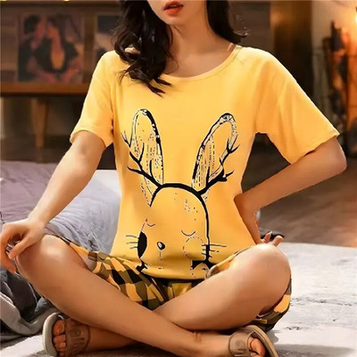 Γυναικείες Πυτζάμες M-2XL Μεγάλου μεγέθους M-2XL Γυναικεία Sleepwear Leisure Νέο μεγάλο γυναικείο κοστούμι με βαμβακερή εκτύπωση πιτζάμα για το σπίτι